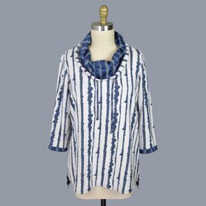 ALI MILES ABSTRACT VERTICAL STRIPE CREAM BLUE COWL NECK SWEATER